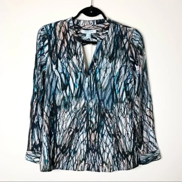 Anthropologie Charlie Jade Blouse Silk Pattern Open Back cut out long sleeve M - Picture 4 of 14